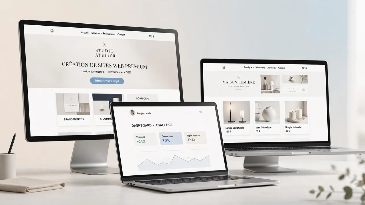 Sites internet créés par Absoluce à Toulon : site vitrine d'un studio de création affiché sur iMac, boutique en ligne sur MacBook et tableau de bord analytics montrant le trafic et le taux de conversion