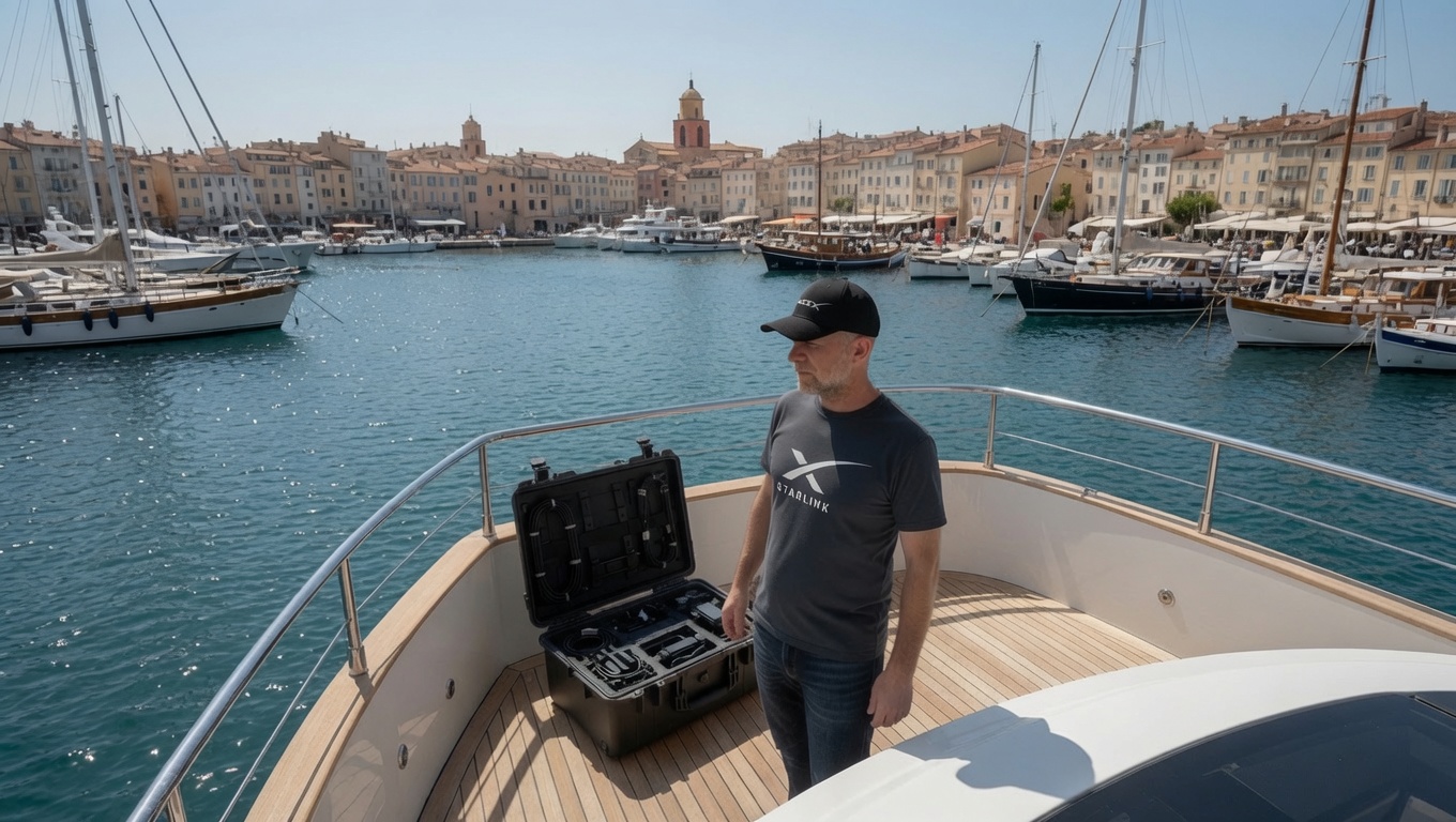 Installation Starlink Maritime sur yacht, port du Var, Méditerranée